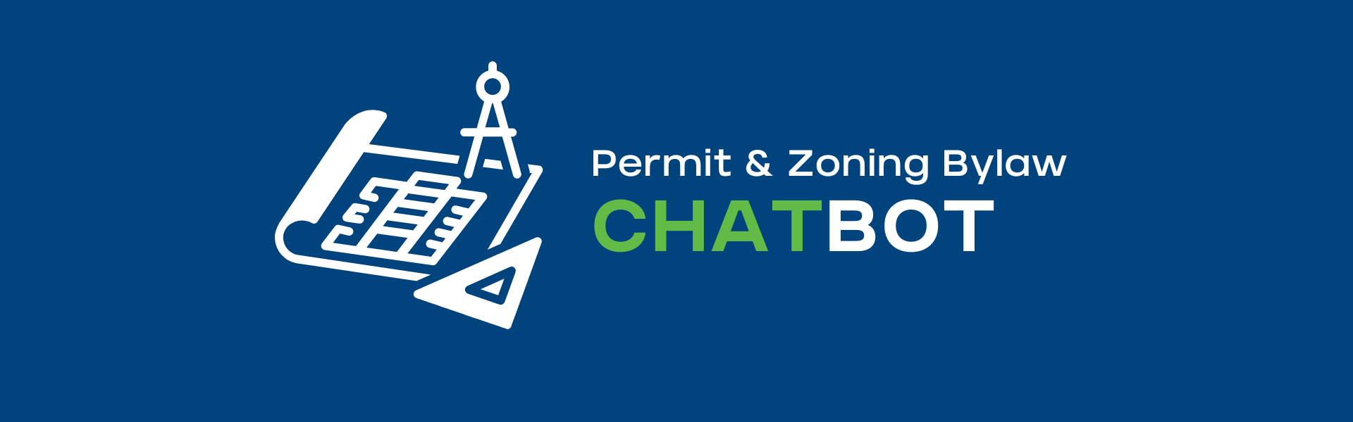 Logo for the Permit & Zoning Bylaw Chatbot, with icons of blueprints and protractors.