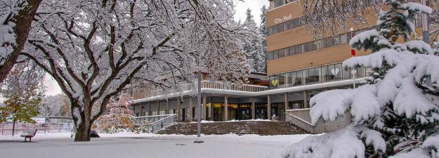 Outdoor photo of Prince George's City Hall on a snowy winter's day.