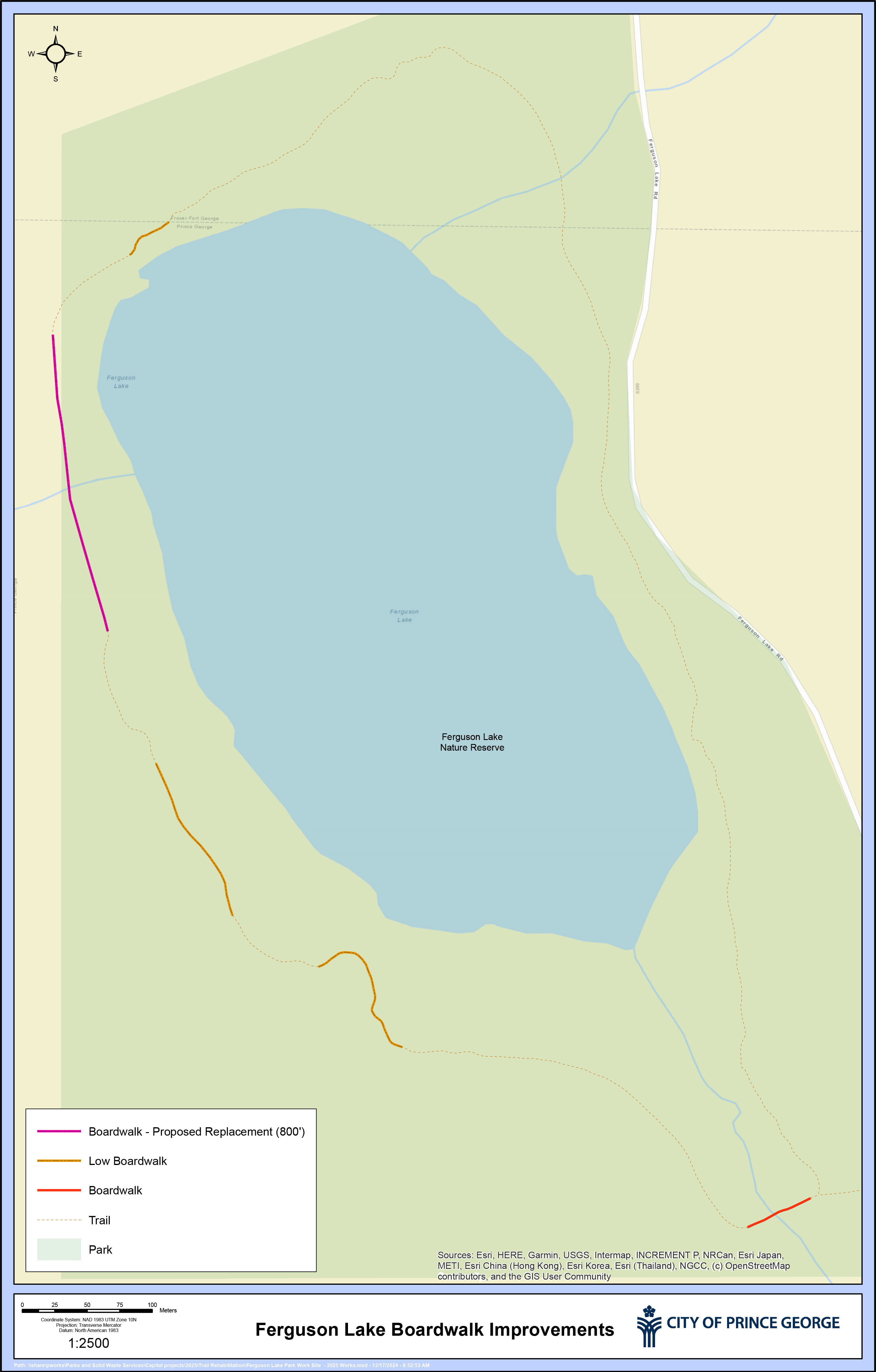 a birds eye map showing Ferguson Lake and the section on the left side where the work will be