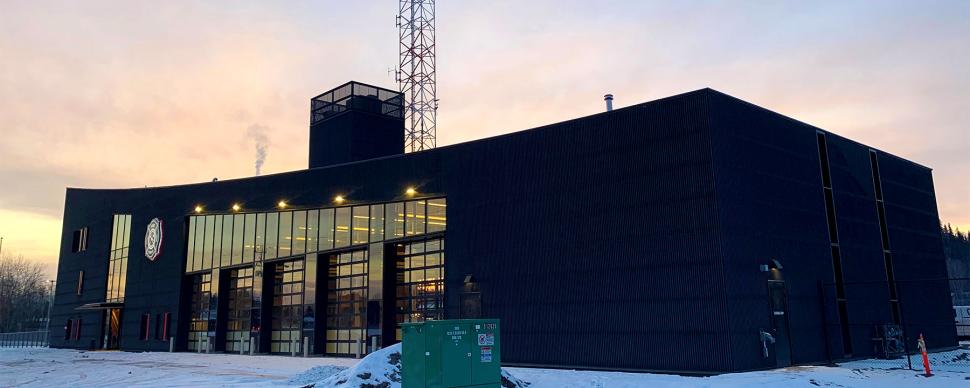 Prince George's new Fire Hall #1 on a snowy landscape.