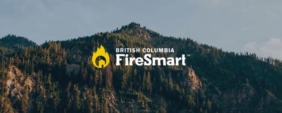 Mountain with trees with the British Columbia FireSmart logo in the centre of the page.