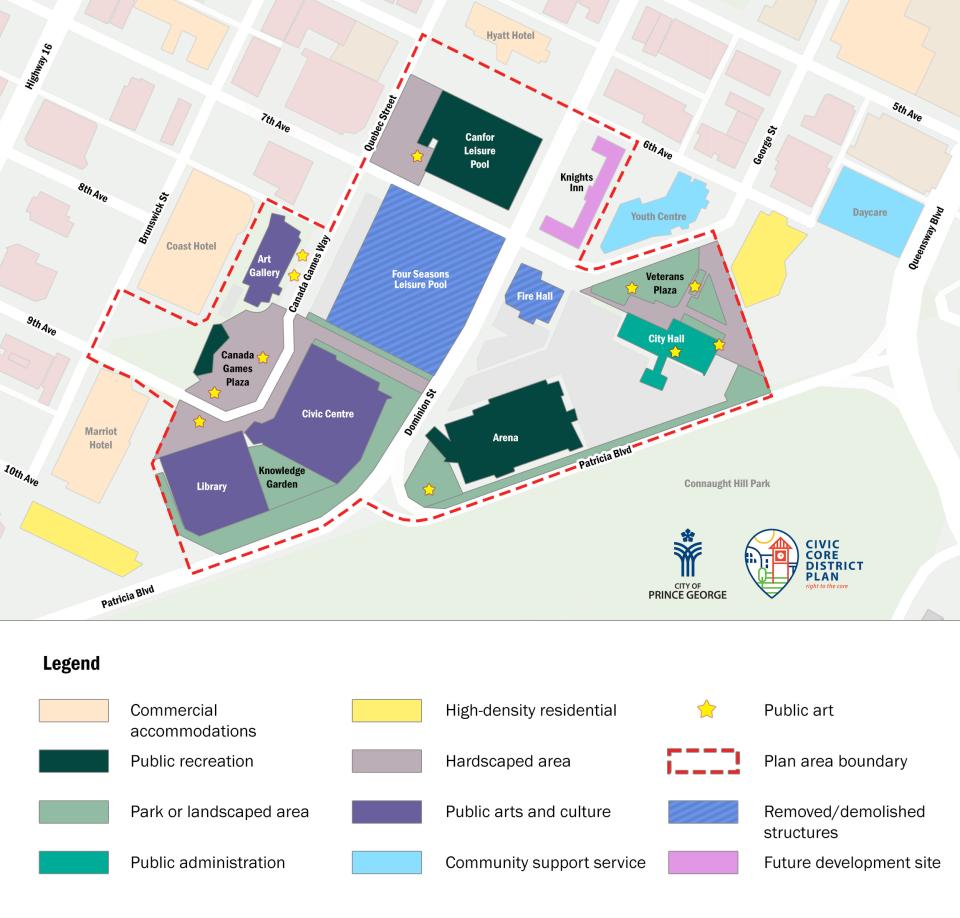 Map of the civic core district, with dotted red border around City Hall, the Canfor Leisure Pool, the former location of the Four Seasons Pool, Kopar Memorial Arena, the Prince George Public Library Bob Harkins branch, Prince George Conference and Civic Centre, the Two Rivers Art Gallery, the Knights Inn, and Canada Games Plaza.